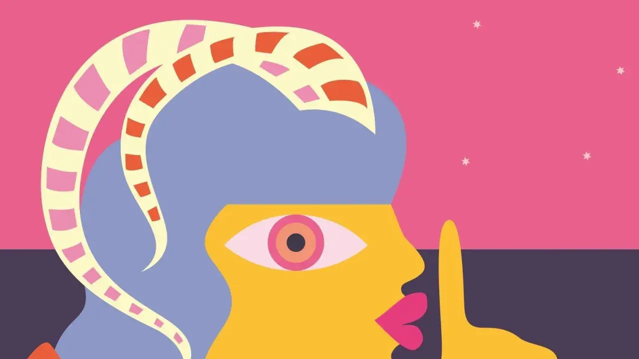 Silueta abstracta con cuernos de colores, ojo psicodélico y gesto de silencio. Representa la dualidad de libra y piscis.