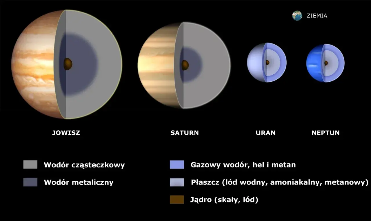 Przekroje Jowisza, Saturna, Urana i Neptuna pokazują różnice między planetami gazowymi i skalistymi.