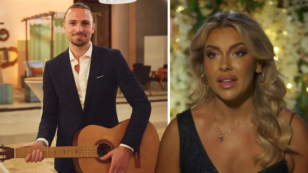 Sonja Livbom med gitarr och en kvinna i en glittrig klänning.