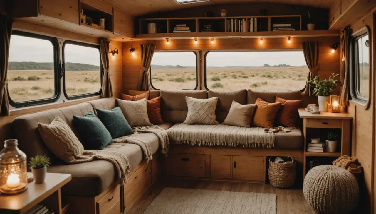 Ambiance cosy dans une caravane interieur simple. Canapé d'angle confortable, coussins douillets, plaids et vue sur la nature.