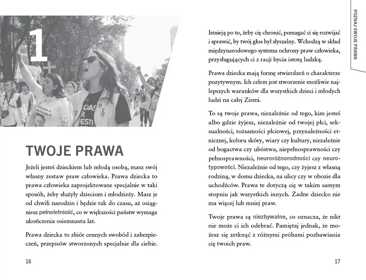 Grupa młodych ludzi na demonstracji, z hasłem "TWOJE PRAWA". To grafik pracy o prawach dziecka.