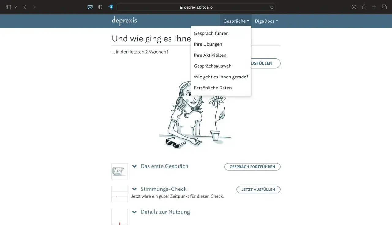 Die deprexis app zeigt ein Menü mit Optionen wie "Gespräch führen" und "Stimmungs-Check".