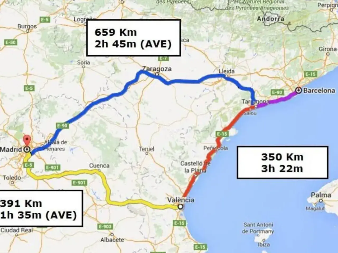 Mapa de rutas Euromed Barcelona Valencia y Madrid. Muestra trayectos en tren AVE y otras rutas.