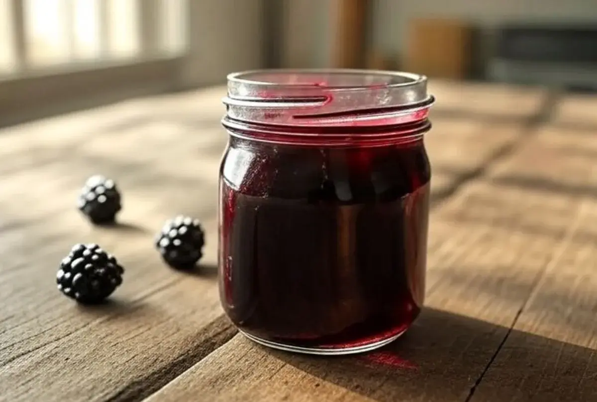 Un pot de gelee de mure maison, avec quelques mures fraîches posées sur la table en bois.