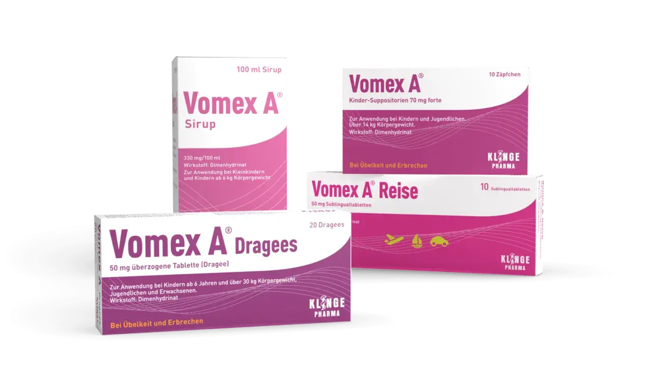 Vomex A Produkte: Sirup, Zäpfchen, Reise-Tabletten und Dragees. Bei Übelkeit und Erbrechen, aber Vorsicht bei vomex nebenwirkungen.