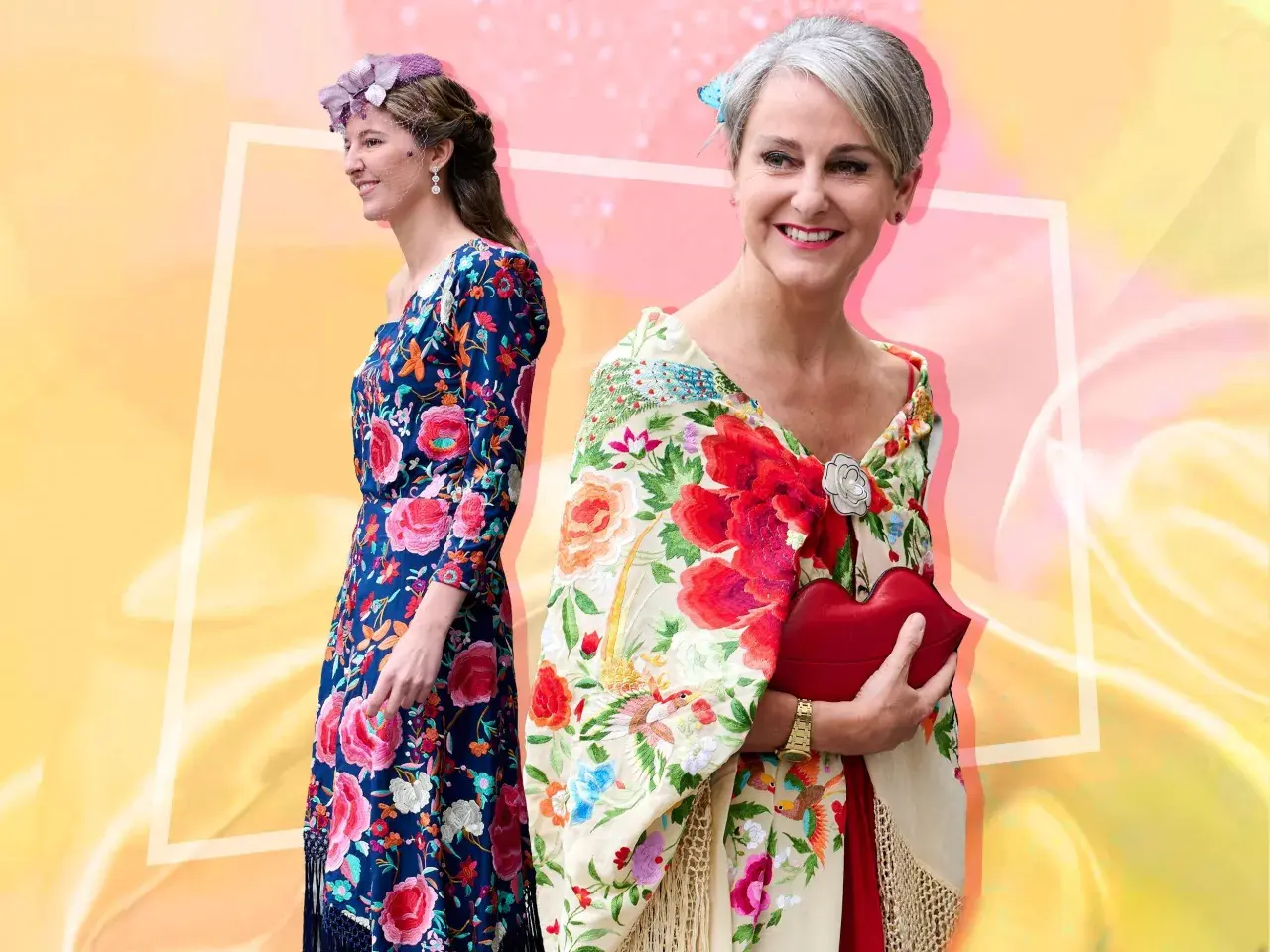 Dos mujeres con atuendos florales. Una luce un vestido azul con flores y la otra un mantón de Manila bordado con pájaros y flores.