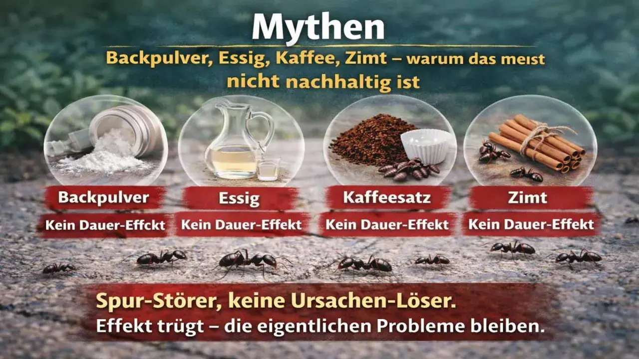 Ameisen krabbeln um Zimtstangen. Das Bild zeigt, dass Zimt, wie Backpulver, Essig und Kaffeesatz, kein Dauer-Effekt gegen Ameisen hat.