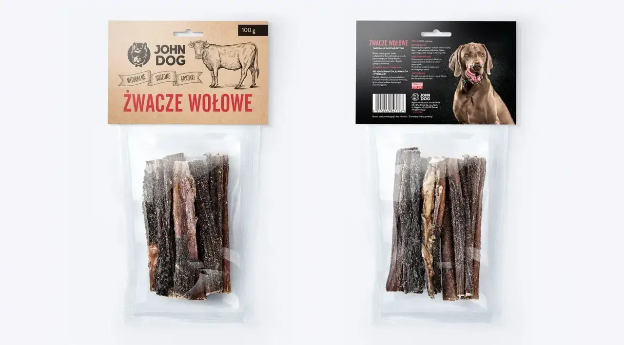 Naturalne, suszone gryzaki wołowe John Dog to idealne żwacze dla szczeniaka. Zdrowa przekąska dla Twojego pupila.