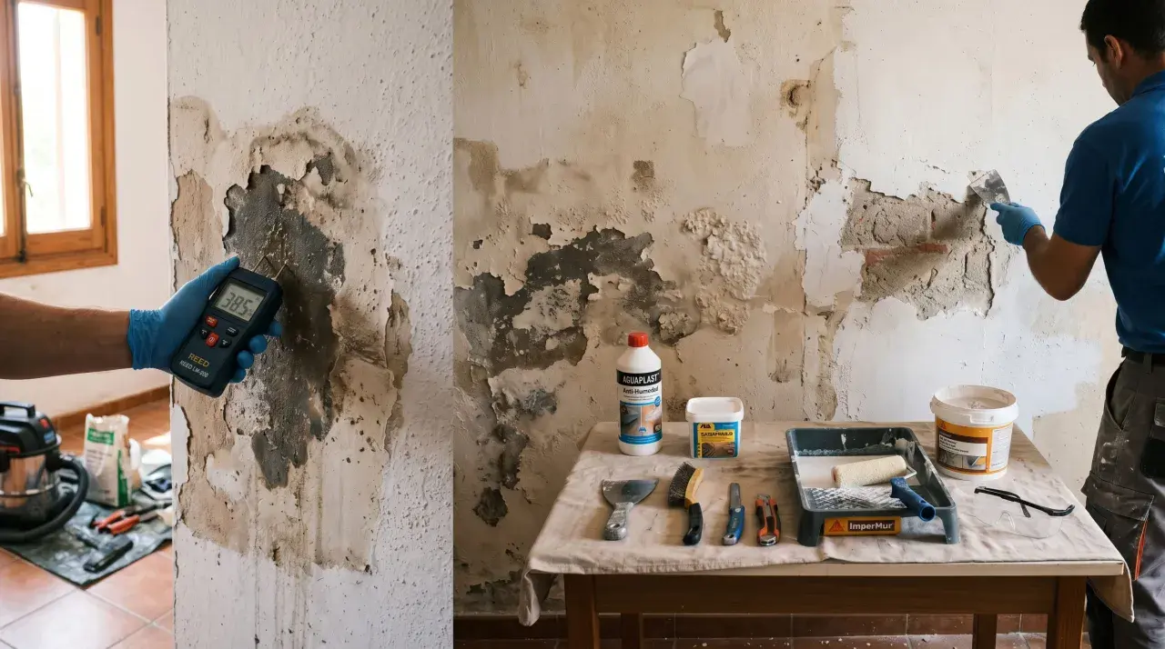 Un técnico mide la humedad de una pared dañada. Se aprecian herramientas y productos para quitar humedad de pared.