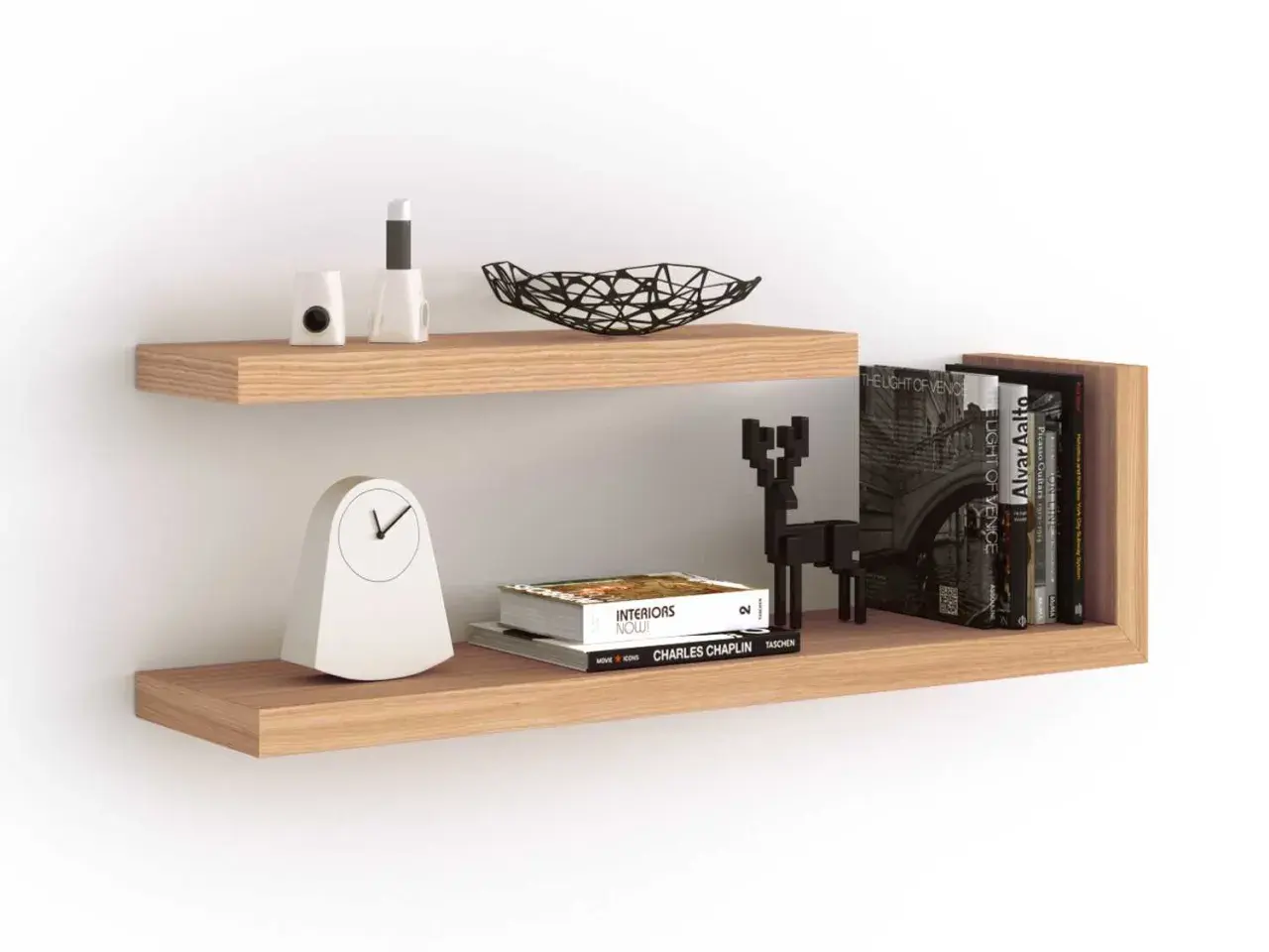 Mensola galleggiante in legno, ideale per chi cerca come fissare una mensola senza staffe. Decorata con orologio, libri e statuetta.