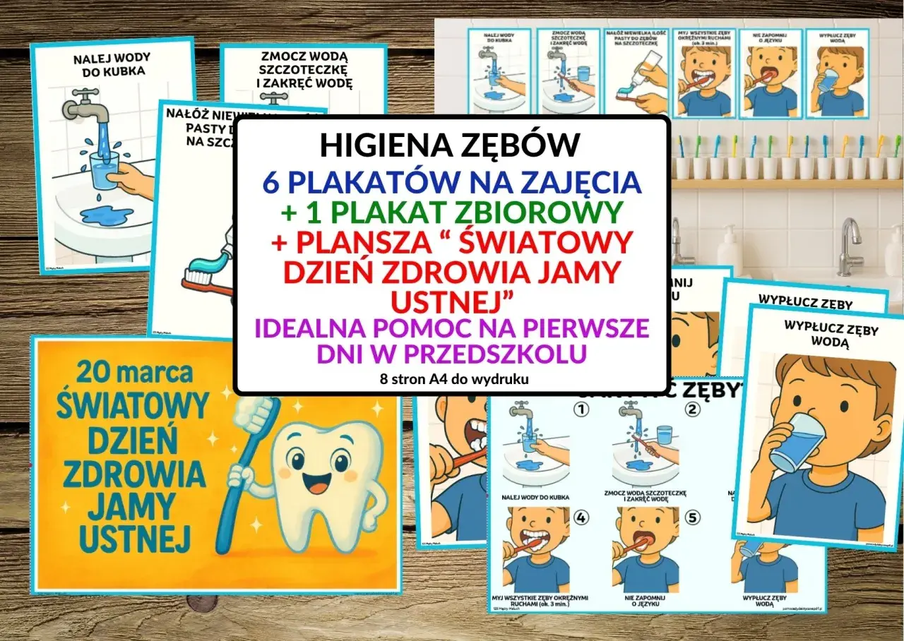 Zestaw materiałów edukacyjnych o higienie jamy ustnej dla przedszkolaków. Plakaty pokazują krok po kroku, jak prawidłowo myć zęby.