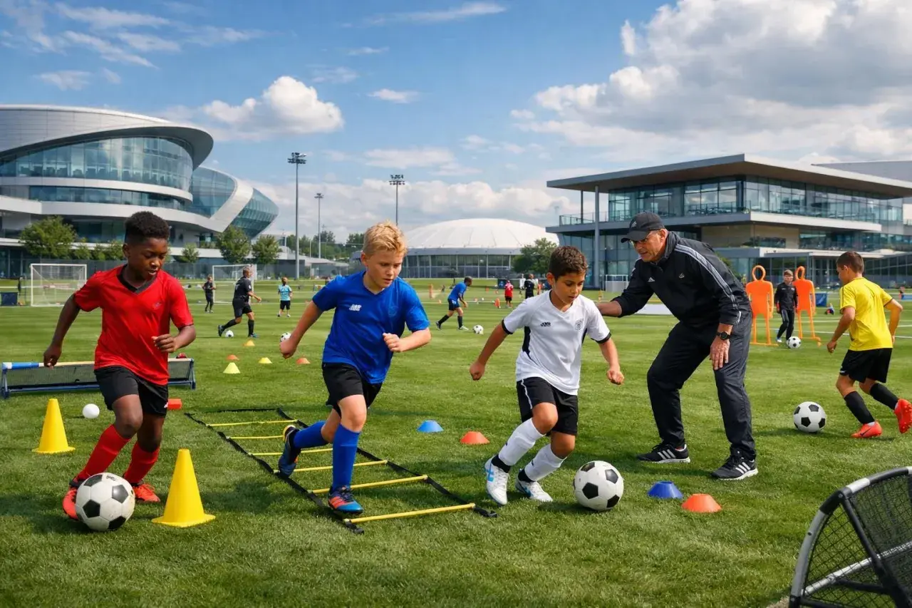 Kinder beim Athletiktraining auf einem Fußballfeld, mit einem Trainer, der Anweisungen gibt.