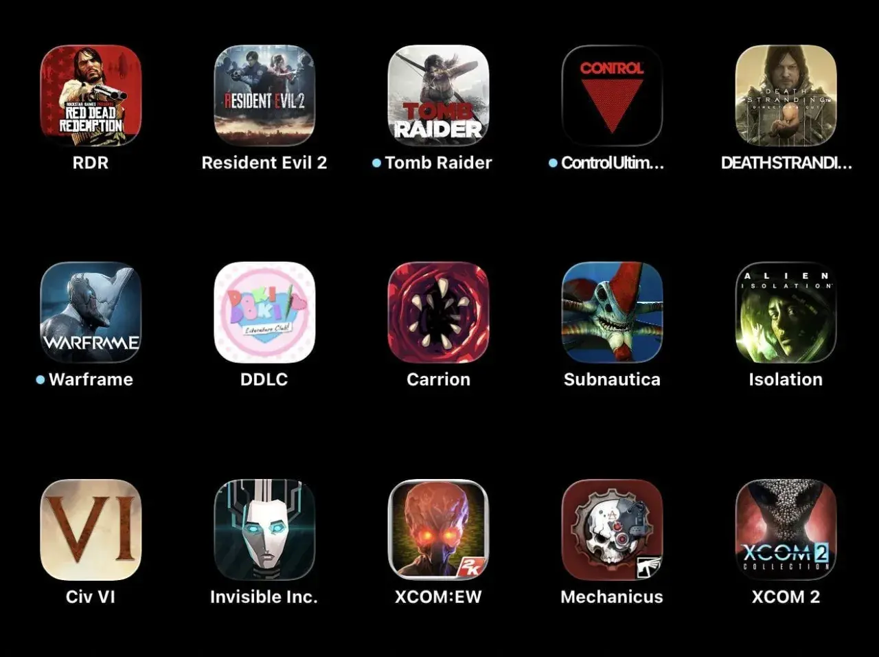 Kolekcja najlepszych gier na iPhone: RDR, Resident Evil 2, Tomb Raider, Control, Death Stranding, Warframe, DDLC, Carrion, Subnautica, Isolation, Civ VI, Invisible Inc., XCOM: EW, Mechanicus, XCOM 2.