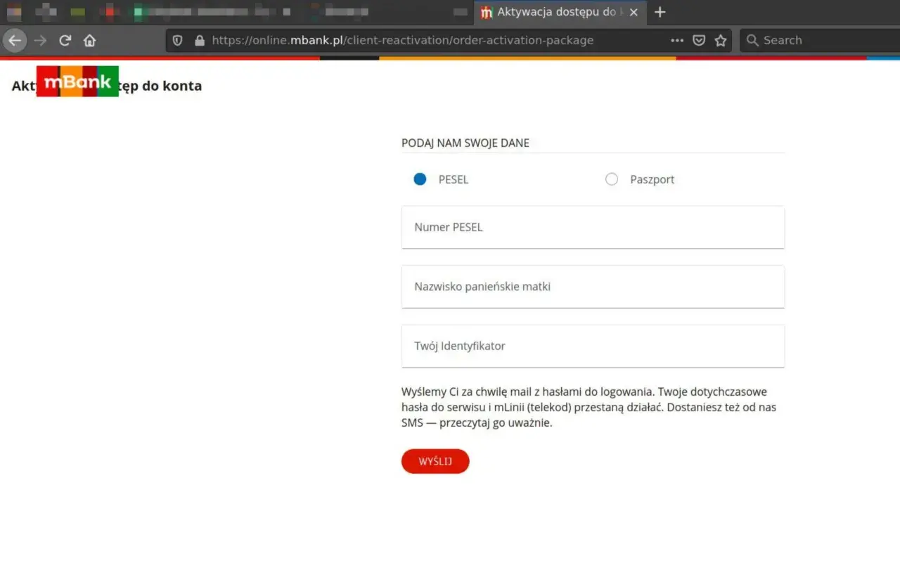 Aktywacja dostępu do mBanku: podaj dane, numer PESEL, nazwisko panieńskie matki i identyfikator. Otrzymasz hasła mailem i SMS-em.