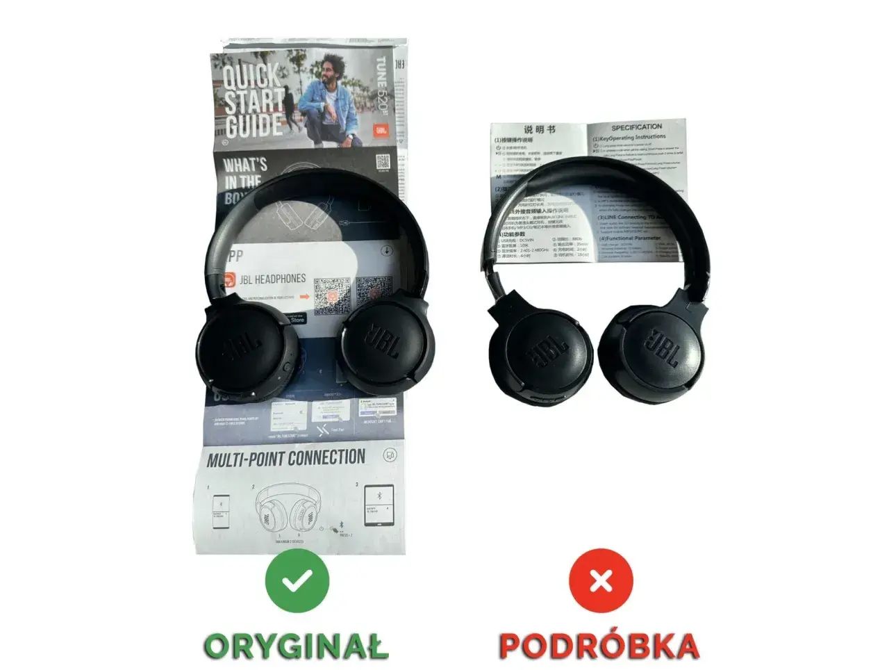 Oryginalne słuchawki JBL z instrukcją, obok podróbki. Jak znaleźć wyłączone słuchawki bluetooth JBL? Sprawdź instrukcję!