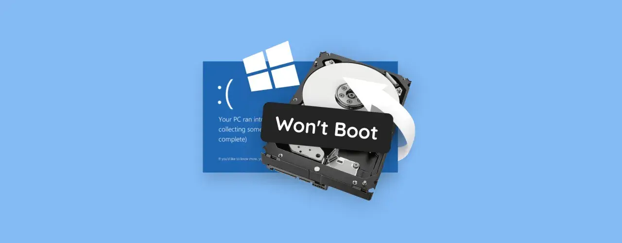 Awaria Windows 10 i uszkodzony dysk twardy. Potrzebujesz odzyskiwanie danych Windows 10? Biała strzałka symbolizuje ratunek.