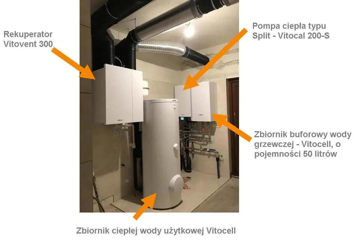 System grzewczy z pompą ciepła Vitocal 200-S, rekuperatorem Vitovent 300, zbiornikiem buforowym wody grzewczej Vitocell (50l) i zbiornikiem ciepłej wody użytkowej Vitocell.