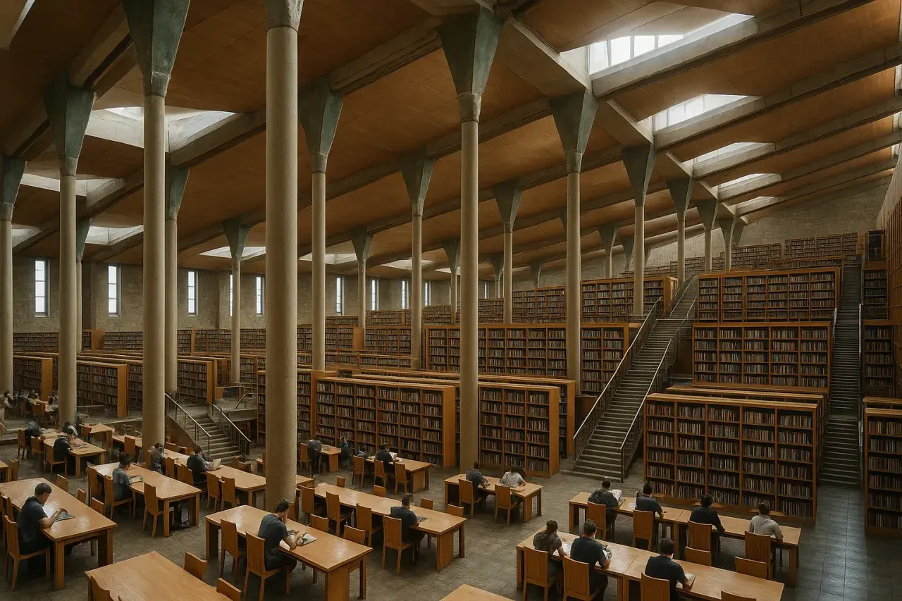 Wnętrze biblioteki z rzędami regałów pełnych książek, wysokimi kolumnami i świetlikami. Wygląda jak współczesna wersja biblioteki aleksandryjskiej.