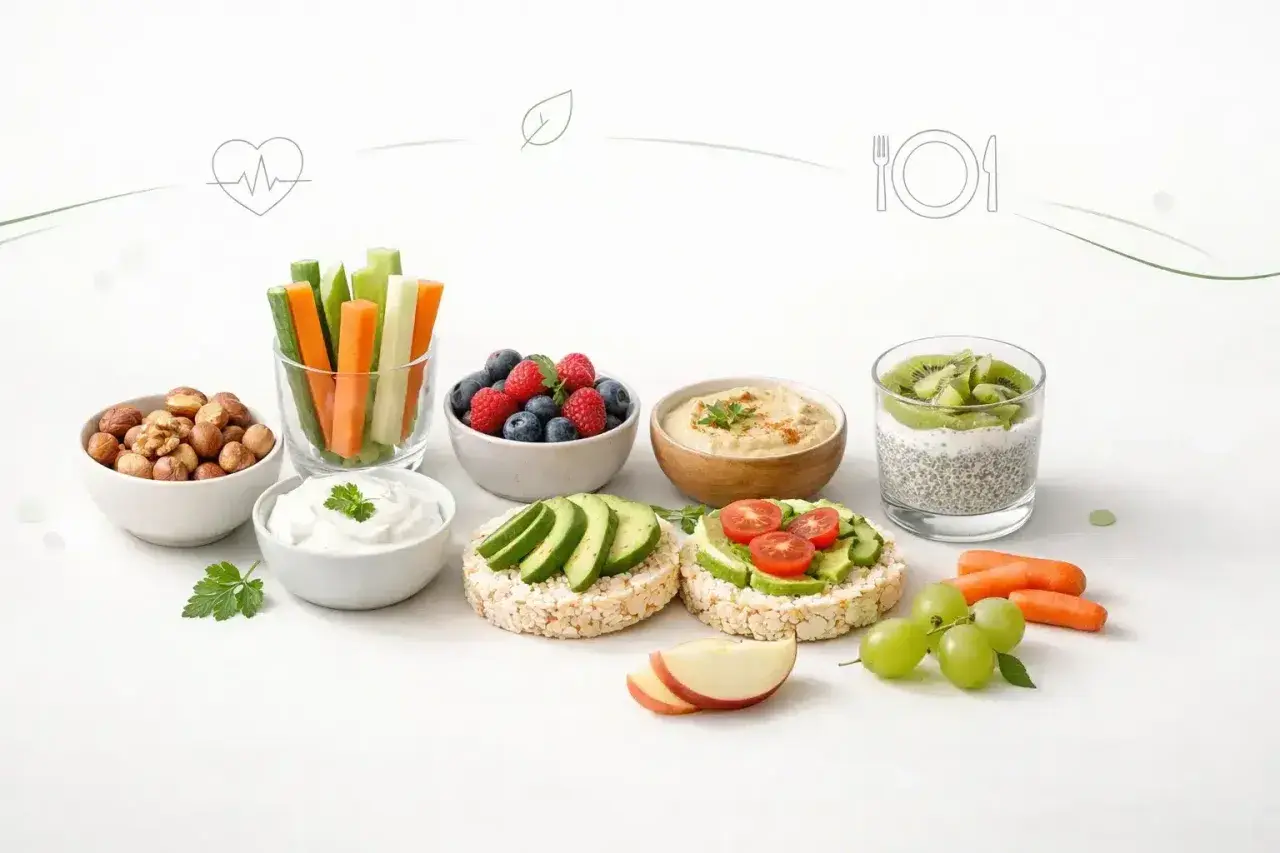 Niskokaloryczne przekąski: warzywa pokrojone w słupki, owoce jagodowe, hummus, ryżowe wafle z awokado i pomidorkami, jogurt, nasiona chia z kiwi, orzechy i jabłko.