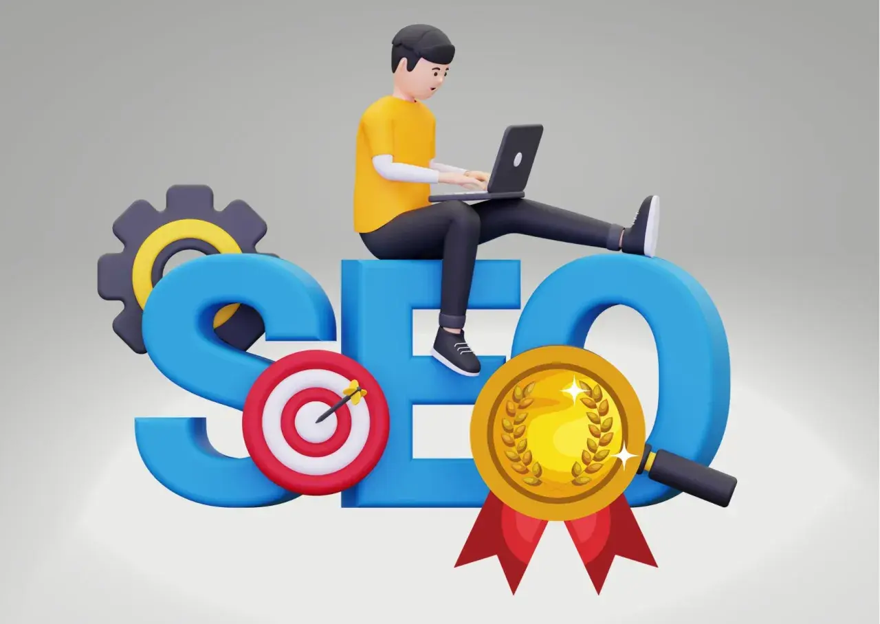 Chłopak na laptopie siedzi na literach SEO. Obok cel, medal i lupa. Jak nazwać domenę, by osiągnąć sukces?