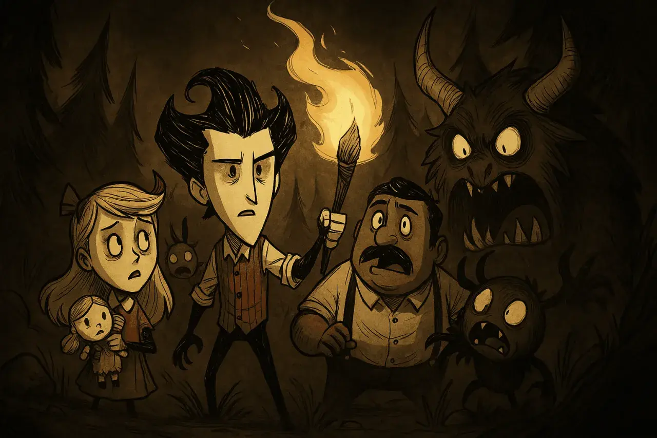 Postacie z gry Don't Starve Together stawiają czoła potworom. Wilson trzyma pochodnię, a obok niego stoją Wendy, Wolfgang i mały pająk.