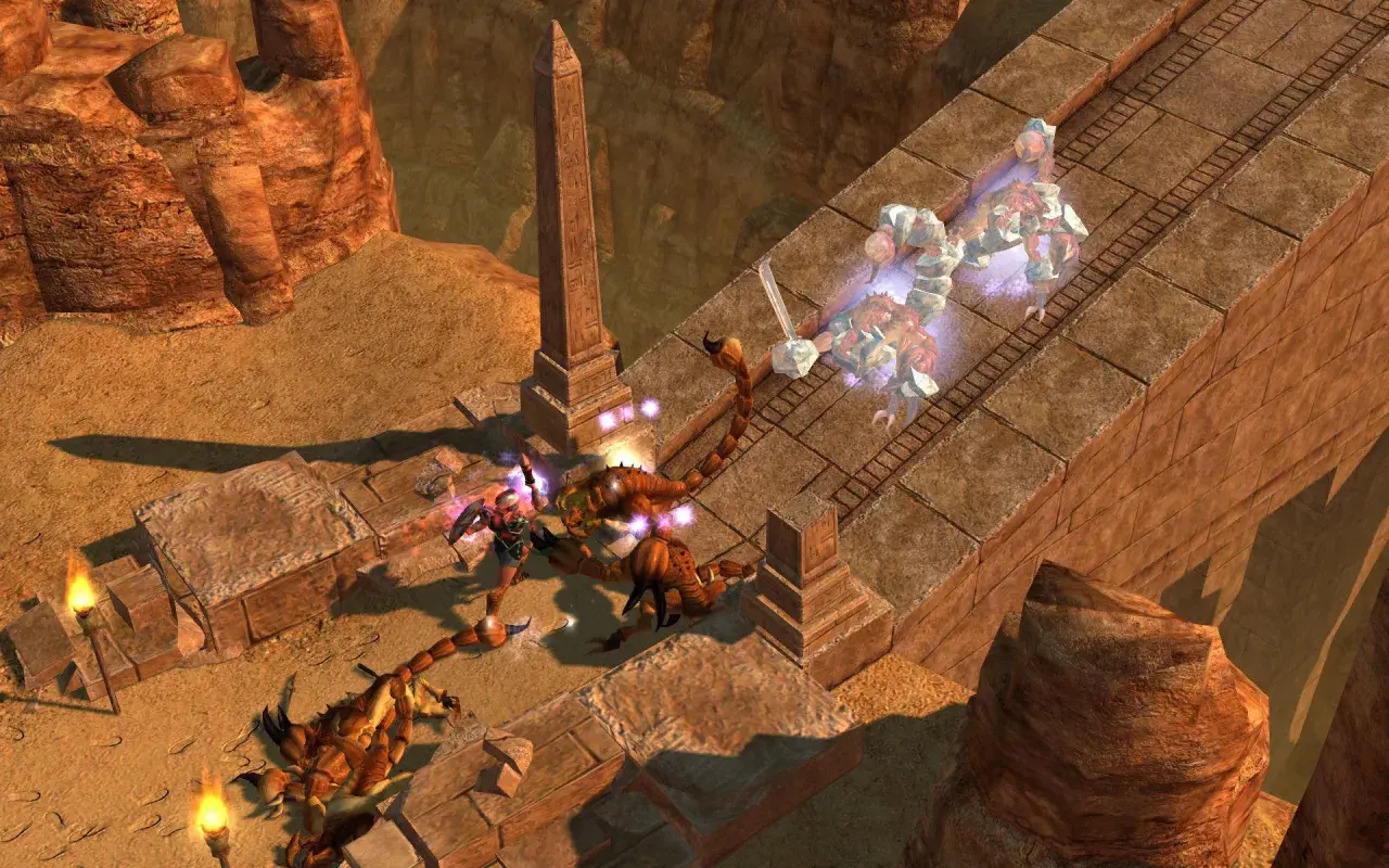 Bohaterka w stylu hack and slash walczy z gigantycznymi skorpionami na pustynnym moście.