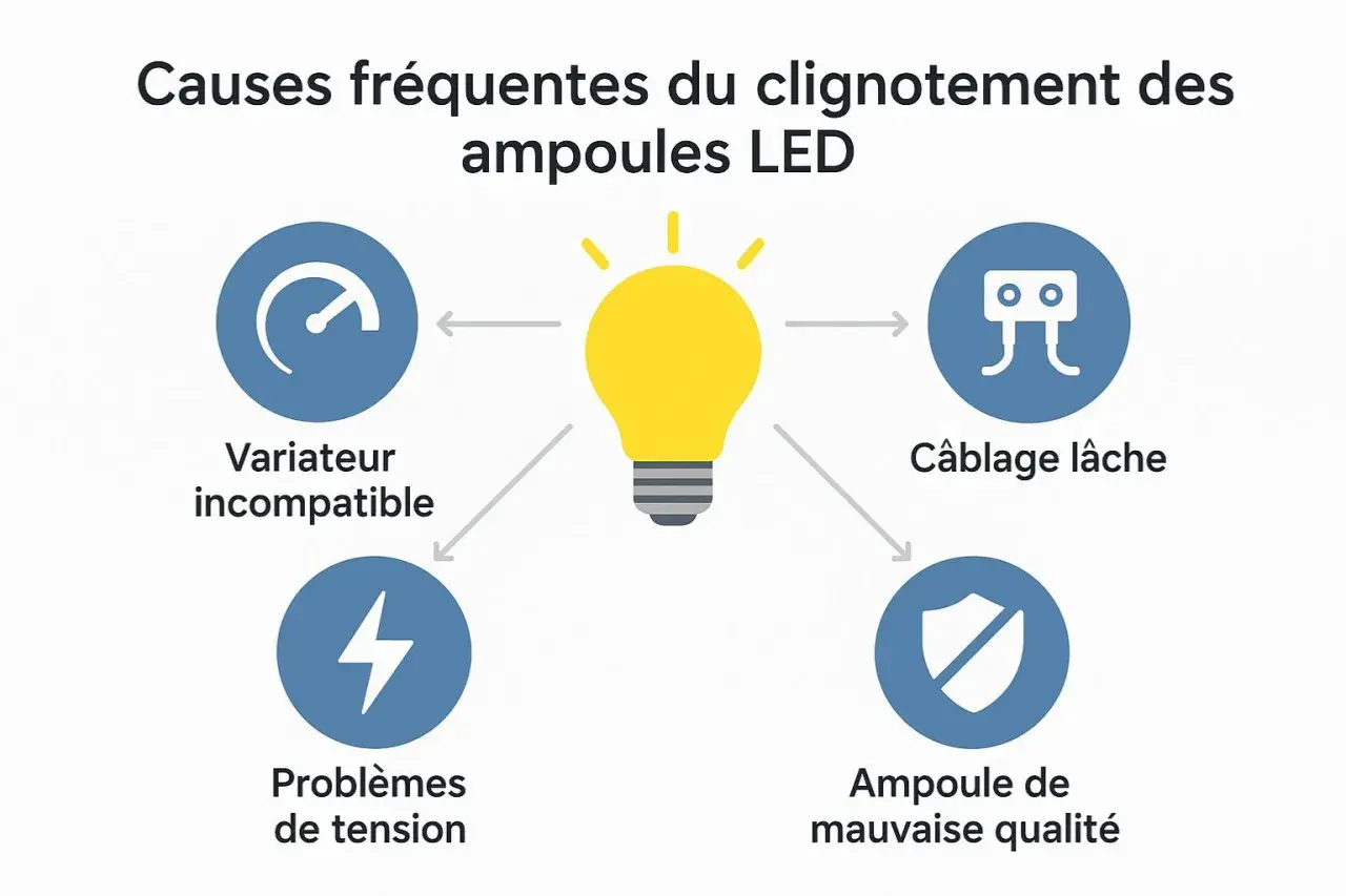 Causes de clignotement d'un plafonnier LED : variateur incompatible, câblage lâche, problèmes de tension, ampoule de mauvaise qualité.