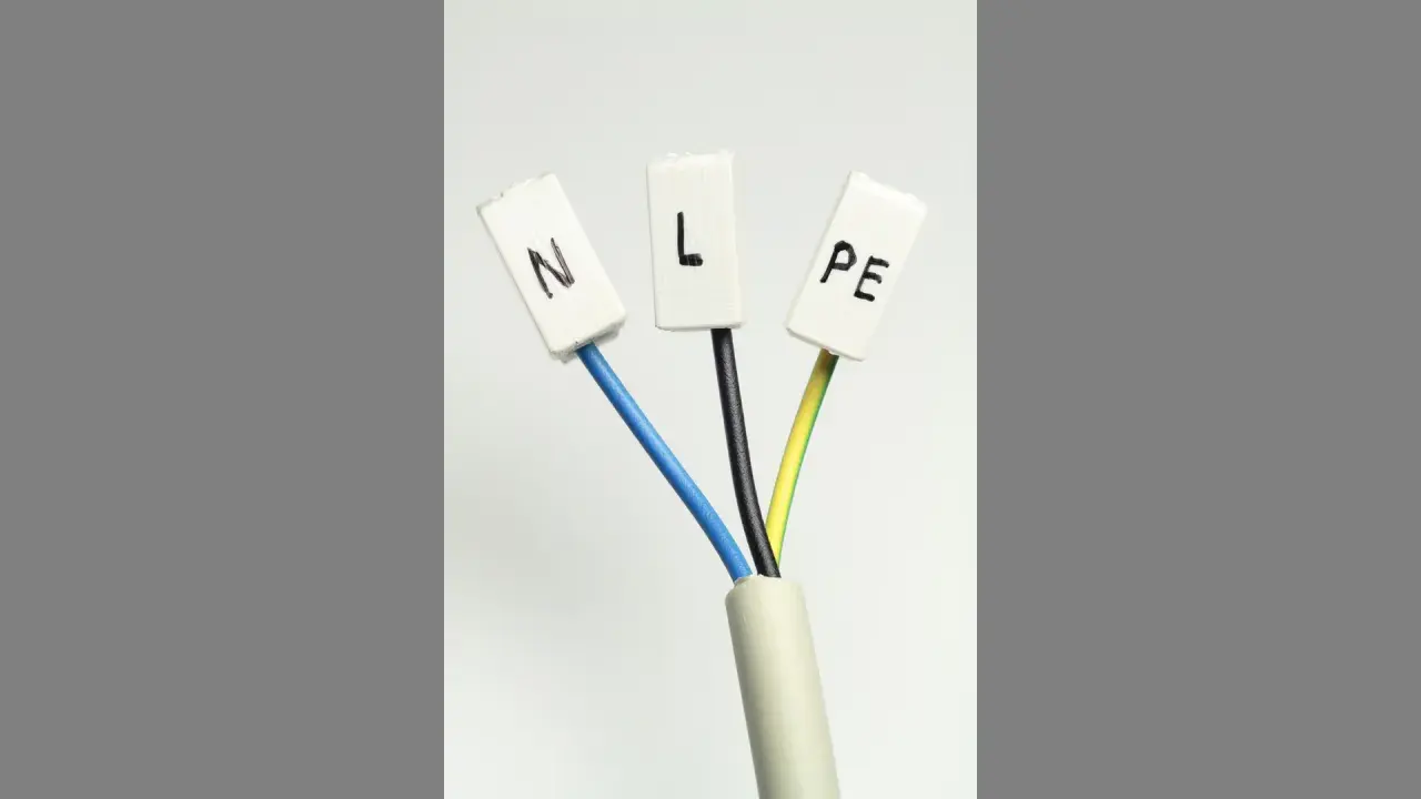 Drei Kabelenden mit Markierungen: N (blau), L (schwarz) und PE (grün-gelb).
