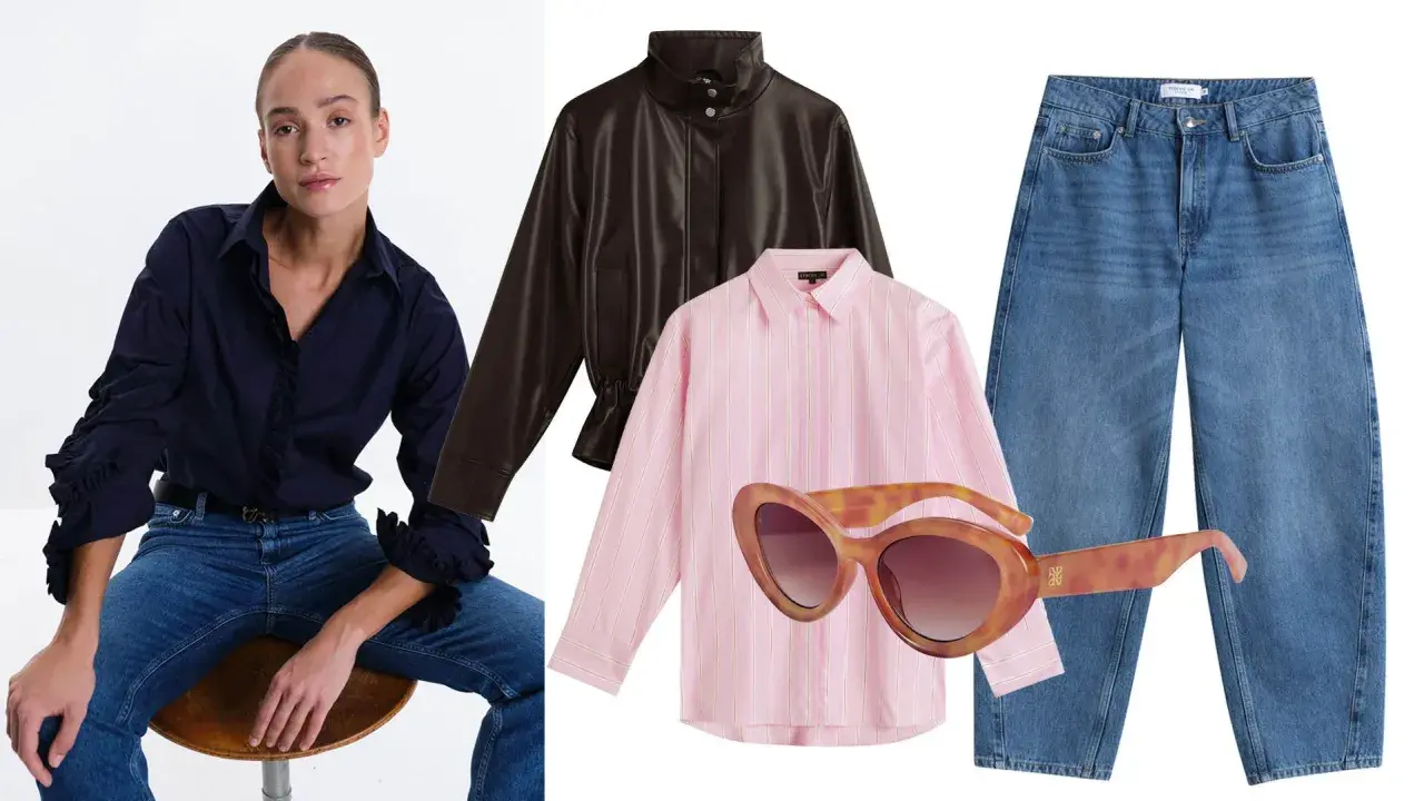 En modell visar upp en mörkblå skjorta med volanger, jeans och ett bälte. Bredvid syns en brun jacka, en randig rosa skjorta och ett par solglasögon. Herrmode inspiration för en stilfull look.