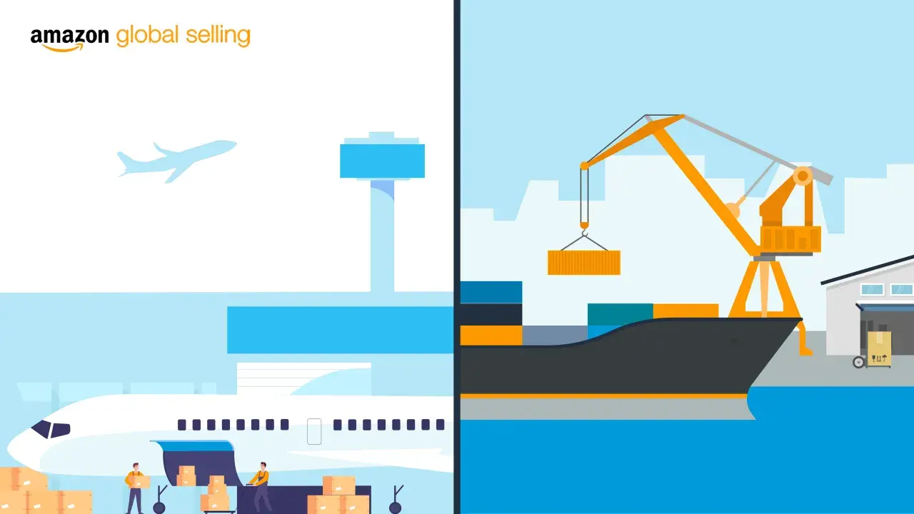Amazon Global Selling: Flugzeug und Schiff laden Pakete. Hafenabfertigungsgebühren sind Teil des internationalen Versands.