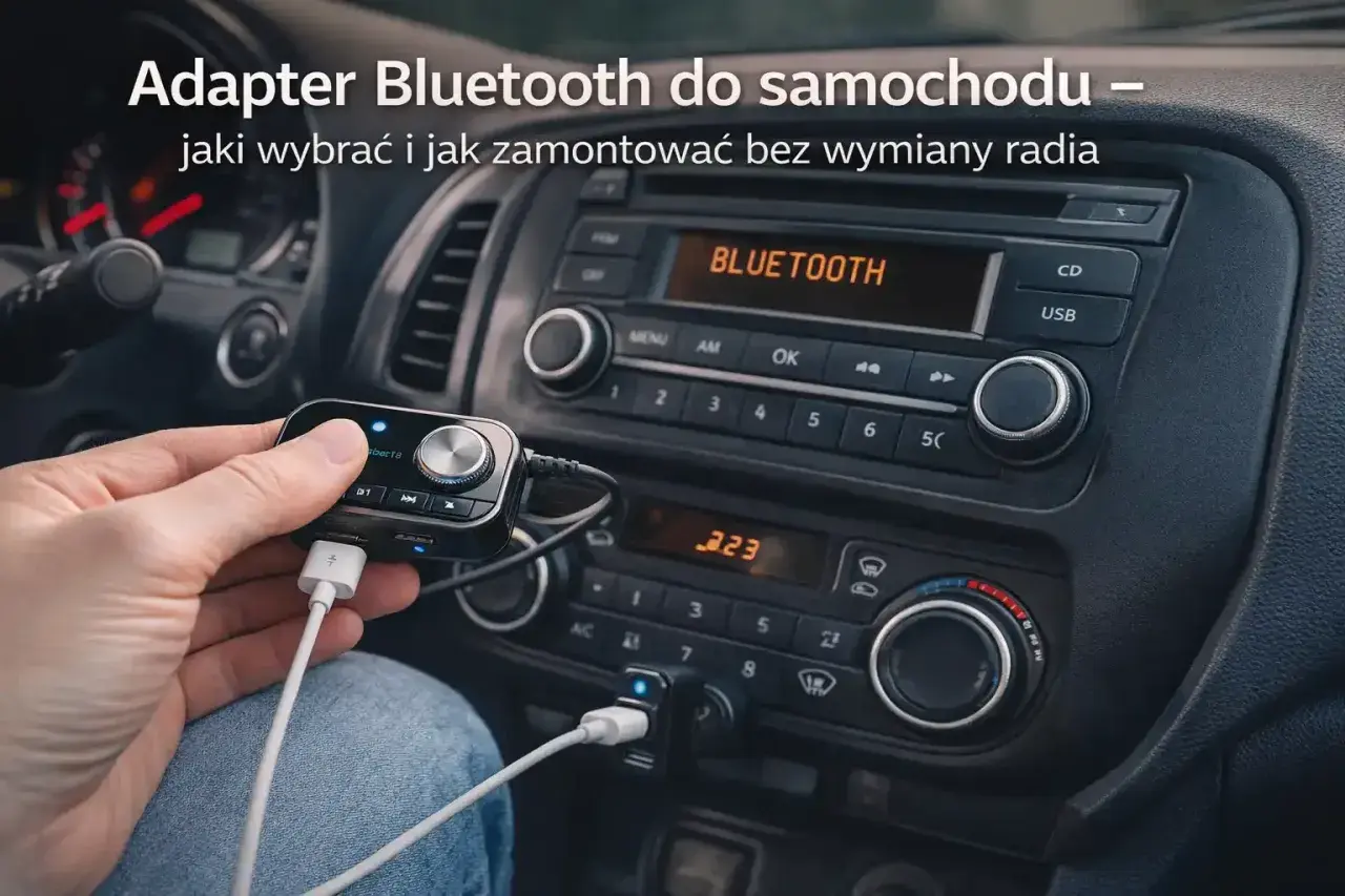Ręka trzyma transmiter Bluetooth, podłączony do gniazda zapalniczki. Dowiedz się, jak połączyć telefon z transmiterem przez bluetooth w samochodzie.