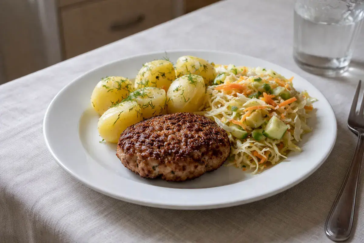 Smaczne obiady domowe przepisy: kotlet mielony, ziemniaki z koperkiem i surówka z młodej kapusty. Idealny posiłek na co dzień.