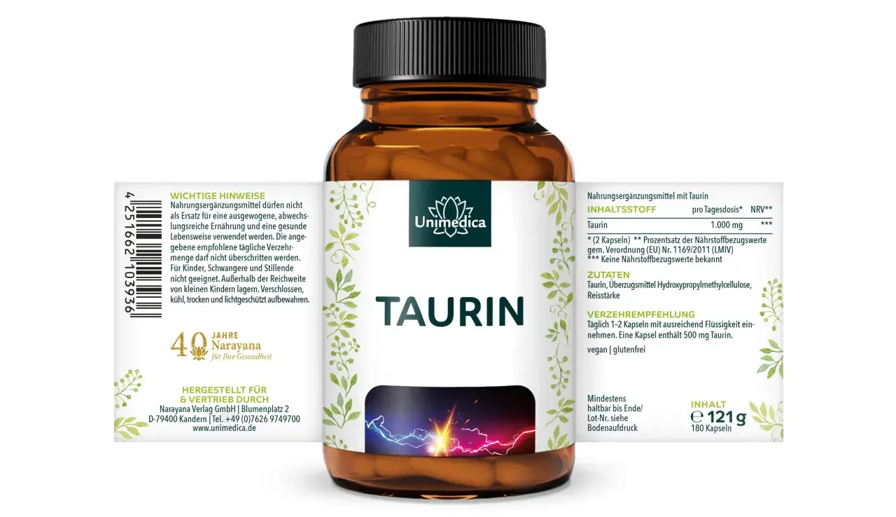 Täglich 1-2 Kapseln mit 500 mg Taurin pro Kapsel. So viel Taurin am Tag ist empfohlen. Vegan, glutenfrei.