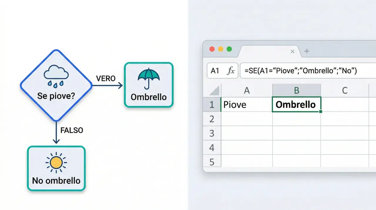 Diagramma di flusso e foglio di calcolo che illustrano la formula SE: se piove, prendi l'ombrello.