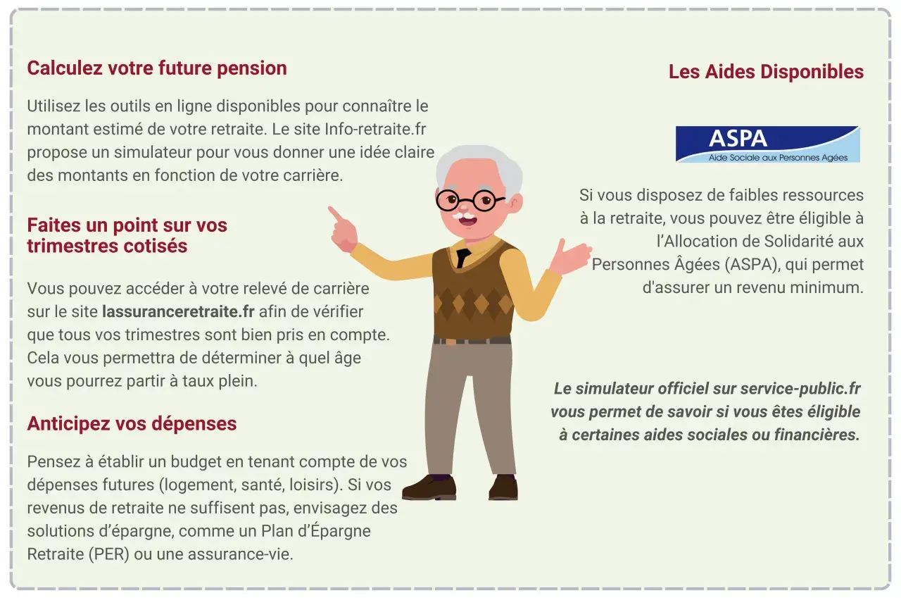 Un homme âgé avec des lunettes pointe vers des informations sur la retraite et les aides disponibles, comme l'ASPA, pour une aide retraite.