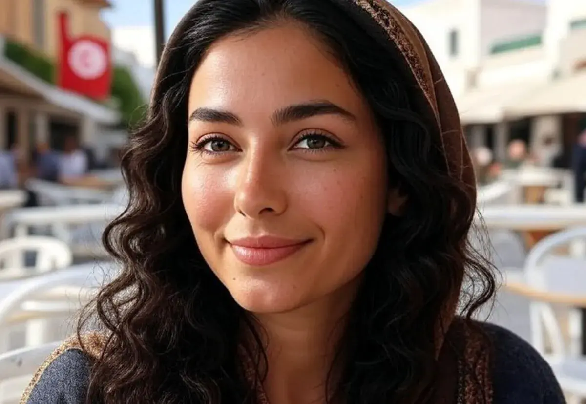 Jeune femme souriante, portant un foulard, avec un drapeau tunisien en arrière-plan. Elle pourrait porter un nom de famille tunisien.