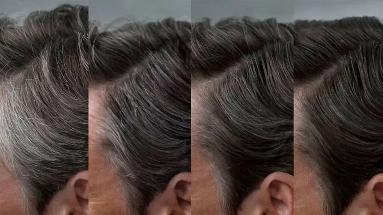El pelo blanco de un hombre se transforma en oscuro.