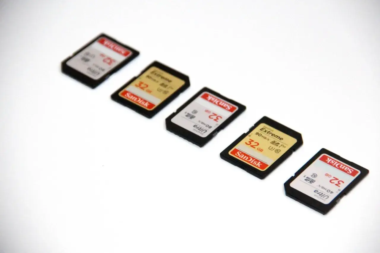 Cinque schede SD SanDisk da 32 GB disposte in diagonale. Utili per espandere la memoria di dispositivi, scopri cos'è una scheda SD.