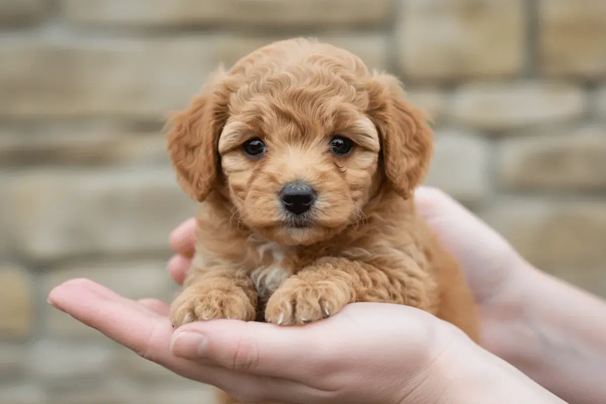 Adorable cachorro de pelaje rizado color caramelo, uno de los más tiernos toy razas de perros, descansa en unas manos.