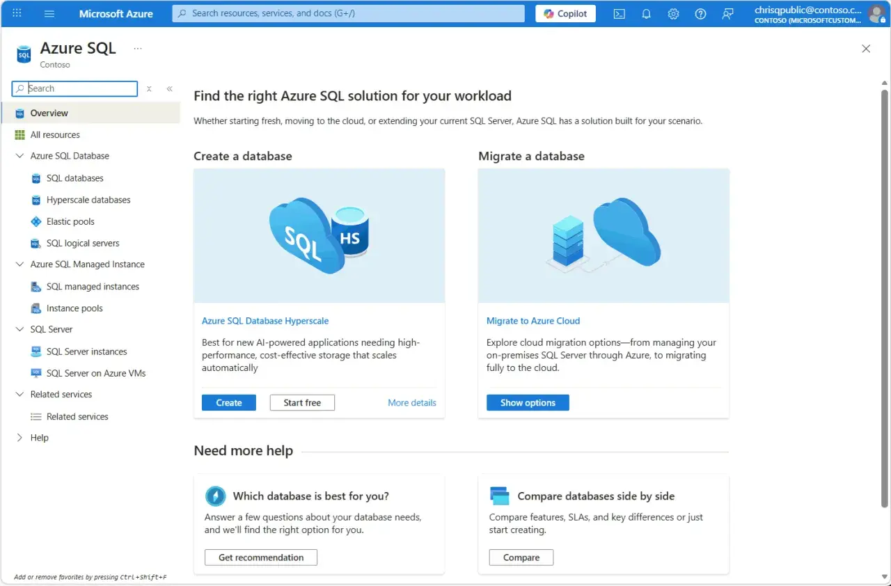 Tableau de bord Azure SQL. Créez ou migrez des bases de données SQL vers le cloud.