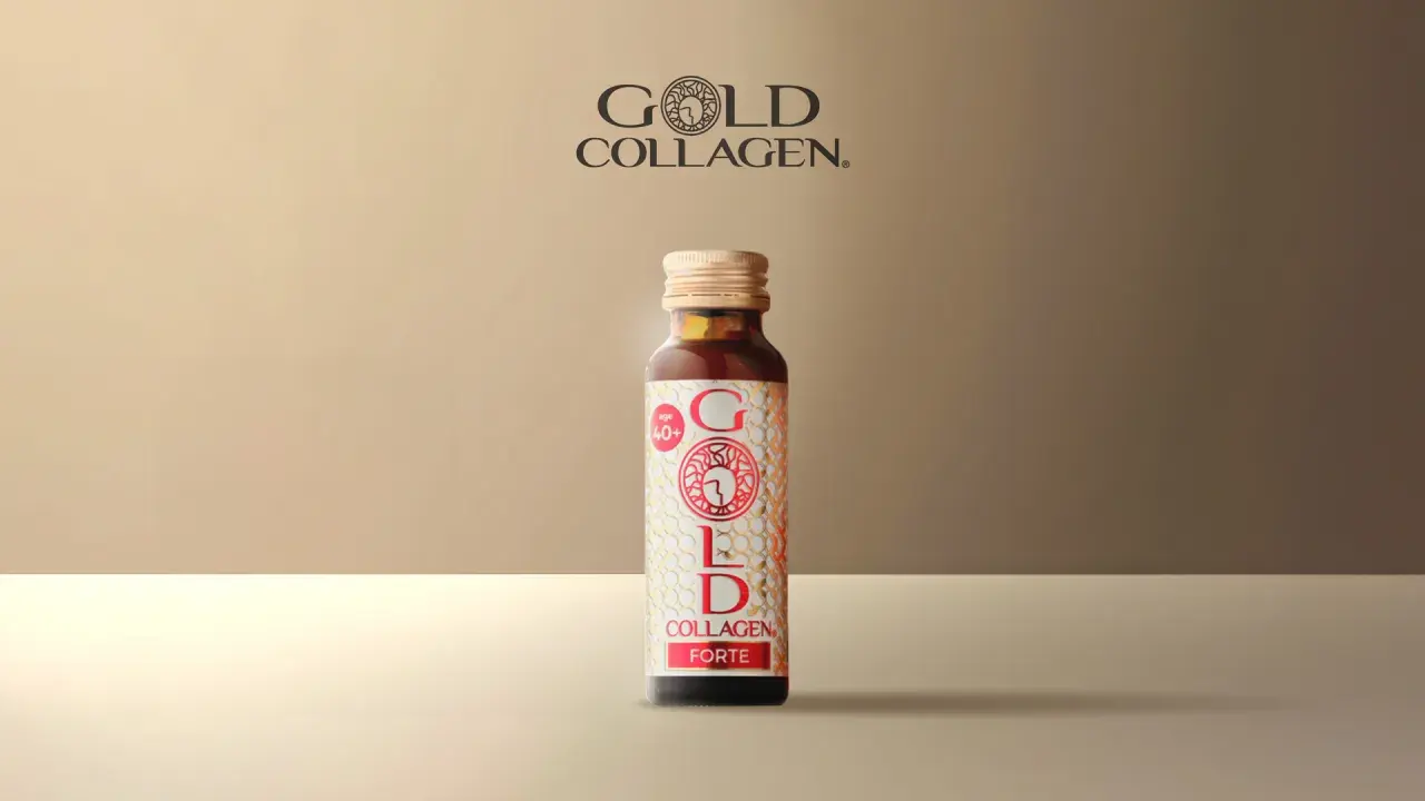 Botella de Gold Collagen Forte. Consulta los efectos secundarios antes de usar.
