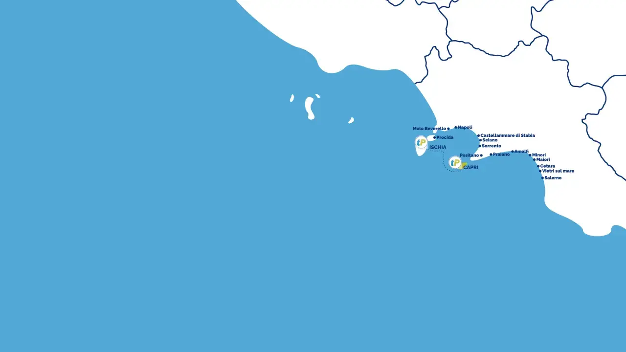 Mappa delle rotte marittime: un aliscafo collega Ischia e Capri, con fermate a Napoli, Procida, Sorrento e lungo la Costiera Amalfitana.