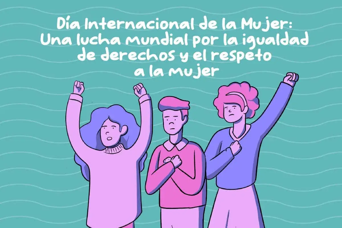 Ilustración para el día de la mujer para niños: tres personas con puños en alto celebran la igualdad y el respeto.