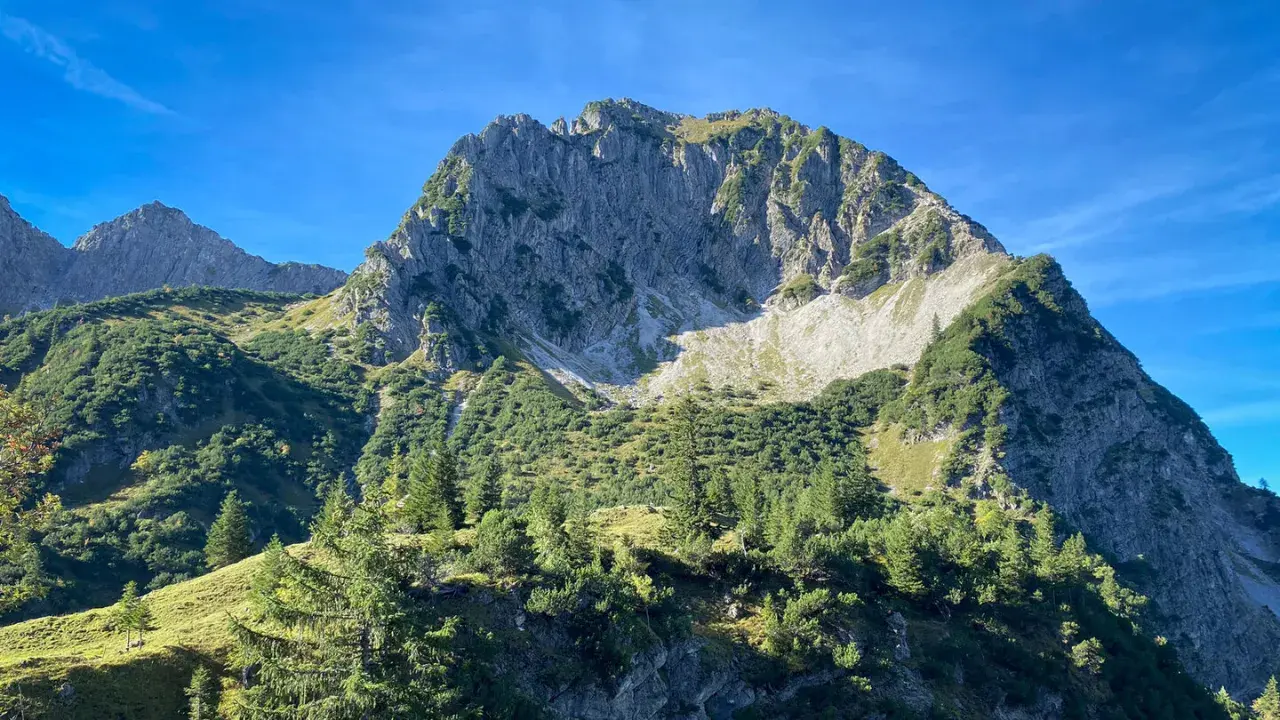 Sonnenbeschienene Hänge und felsige Gipfel prägen die Landschaft bei einer rubihorn wanderung. Grüne Nadelbäume und Almwiesen unter blauem Himmel.