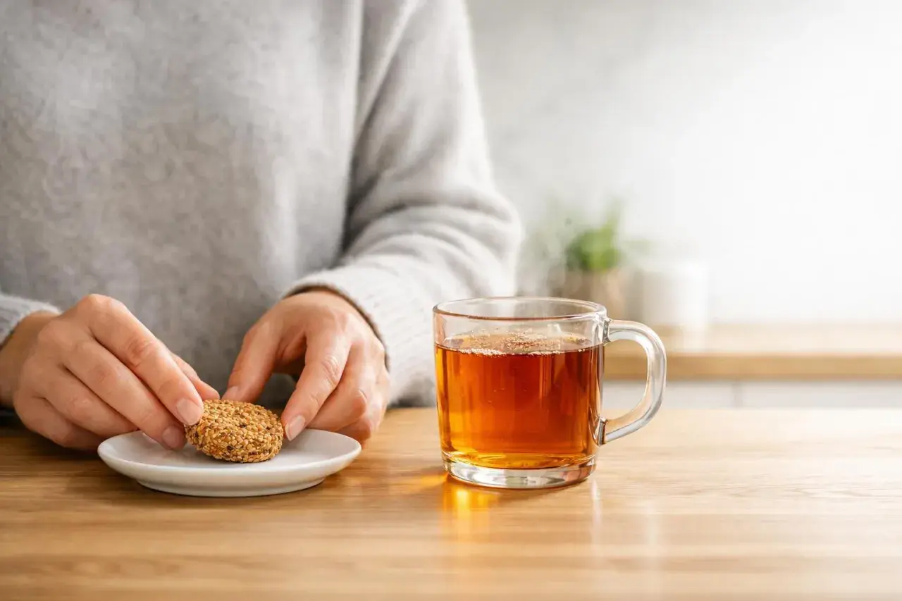 Mani che prendono un biscotto da un piattino accanto a una tazza di tè fumante. Ricorda che bere troppo tè fa male allo stomaco.