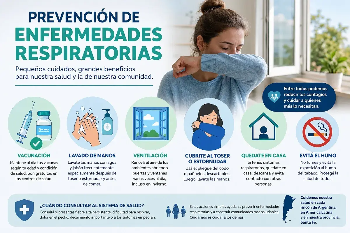 Prevención de enfermedades respiratorias: vacunación, lavado de manos, ventilación, cubrirse al toser, quedarse en casa y evitar humo. Reducir compuestos orgánicos volátiles es clave.