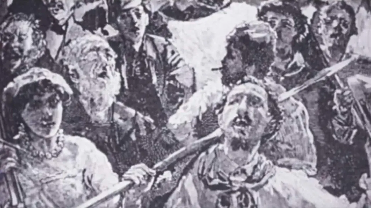 Black and white illustration of a crowd of people, some holding weapons, in a historical scene.