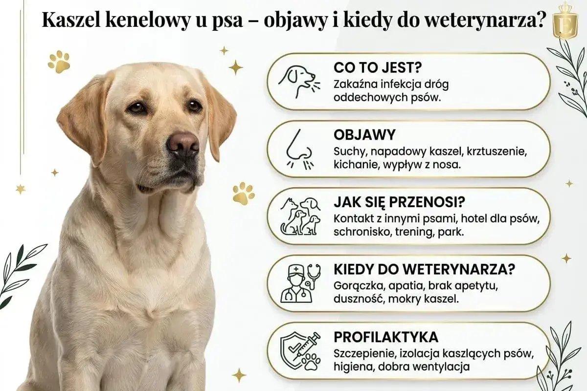 Labrador z objawami kaszlu kenelowego u psa. Informacje o przyczynach, objawach i profilaktyce.