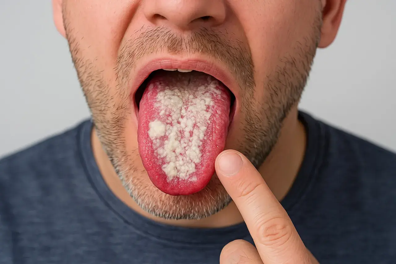 Lingua con placche bianche, sintomo di candida orale. Si cercano rimedi efficaci per alleviare il disturbo.