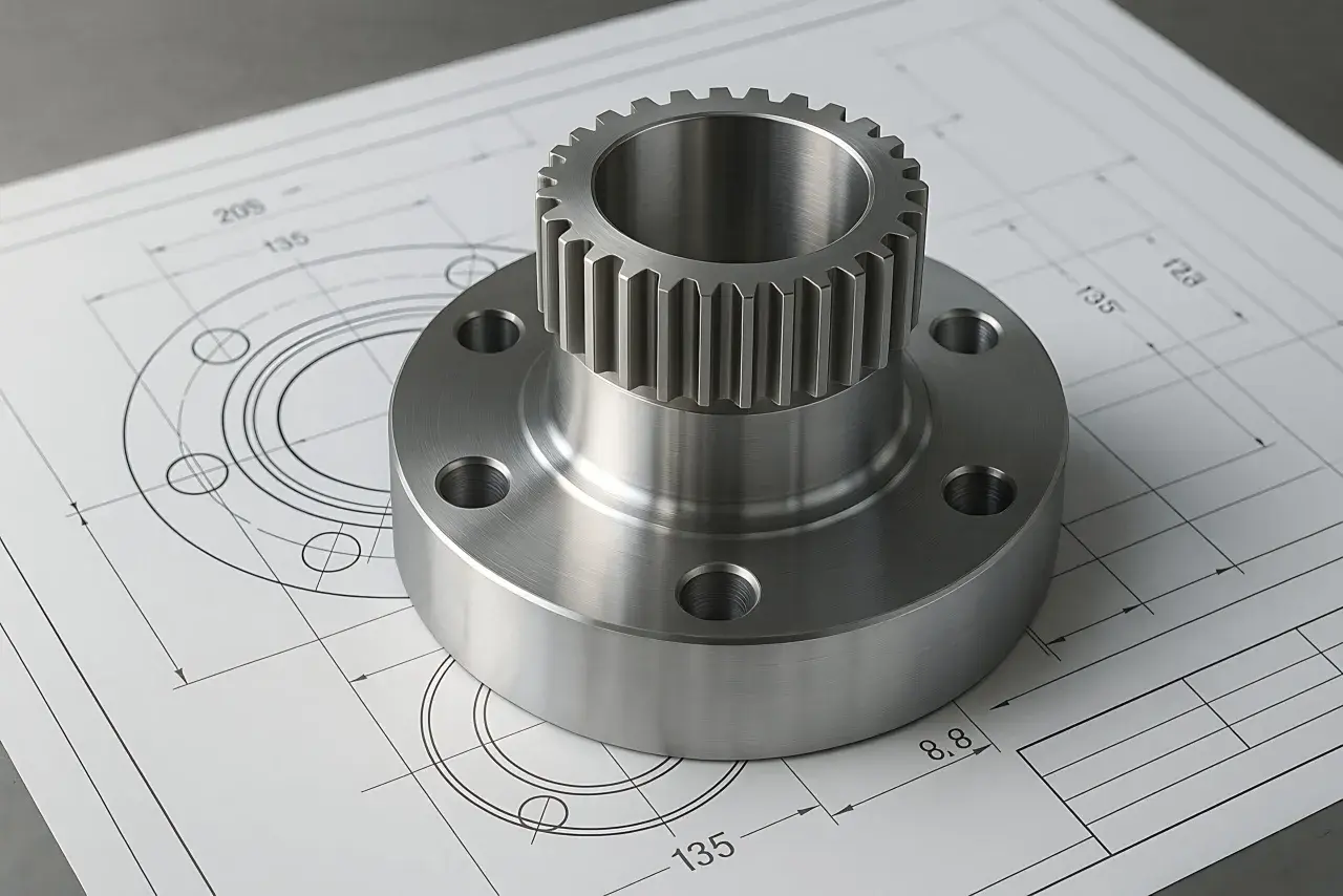 Precyzyjny element metalowy, zębatka na kołnierzu, leży na rysunku technicznym. To efekt zaawansowanej produkcji CNC.